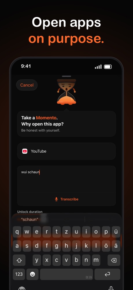 Momento asking why you want to open YouTube, with a text field for your reason and a Transcribe button
