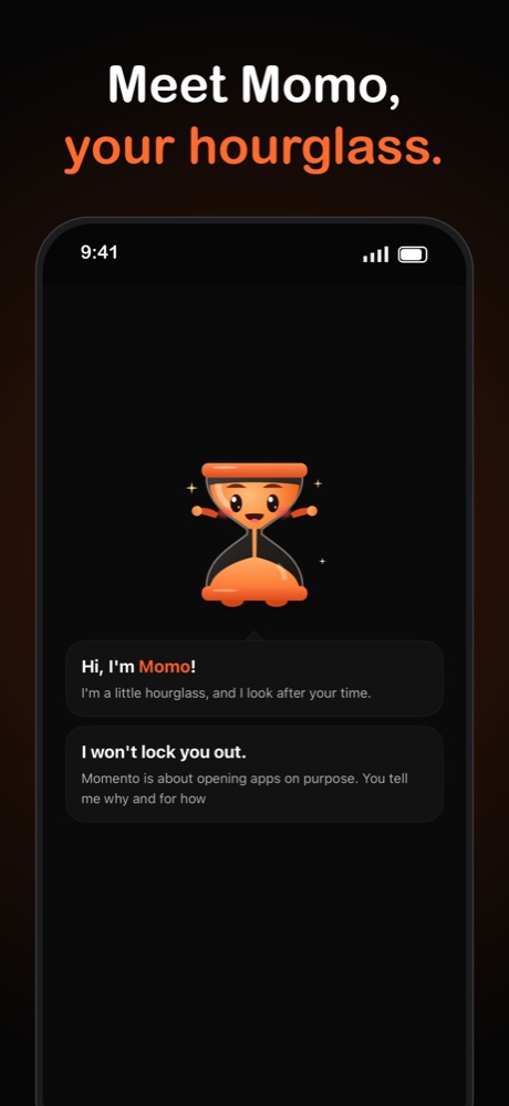 Momo, the Momento hourglass mascot, introducing himself during onboarding
