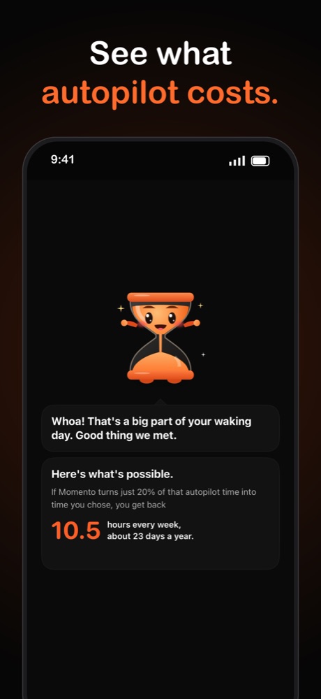 Onboarding screen estimating 10.5 hours a week won back from autopilot phone time